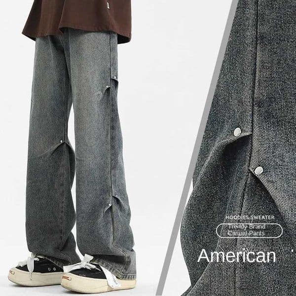 Four season washed floor mopping jeans solid color retro public edition Hong Kong style loose straight leg pants workwear cas C251225