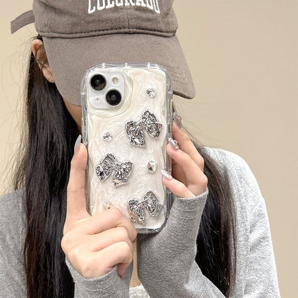 Electroplated silver Bowknot Heart Phone Case Compatible with Apple 17 Pro Max Full Coverage iPhone 16 Rhinestone Ins