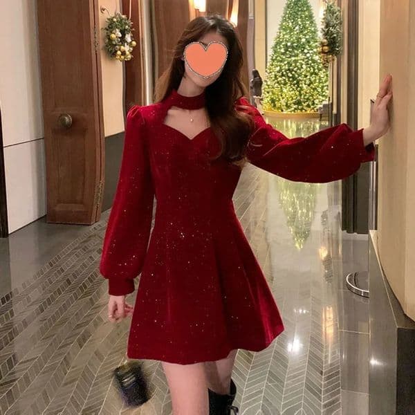 Red Velvet Christmas Dress Womens Fashionable Short A- Line Skirt High Waist Long Sleeve Polyester Sequin Sexy Sensation 251223