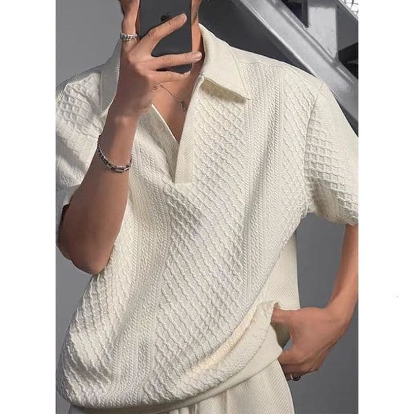 2025 Waffle Short Sleeve Polo Shirt for Men Y2K Vintage Loose Polo T-shirt Summer Casual Streetwear Lapel Polos Para Hombre 251223