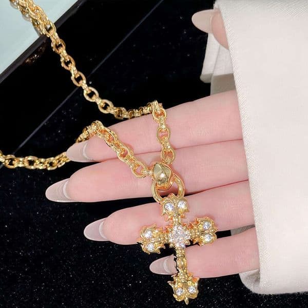 High version women's men's thick chain cross pendant necklace fashion silver gold-plated water drop flame sweater chain zircon party jewelry