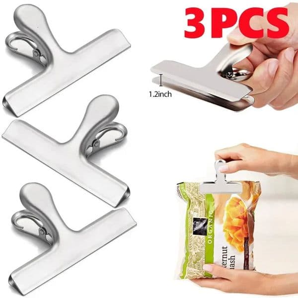 3pcs Stainless Steel Bag Clipsf For Food Heavy Duty Metal Silver Clips Office Paper Clamps Air Tight Seal Snack 251226