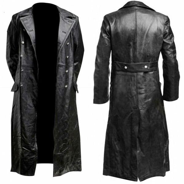MENS GERMAN CLASSIC WW2 MILITARY UNIFORM OFFICER BLACK REAL LEATHER TRENCH COAT y251126
