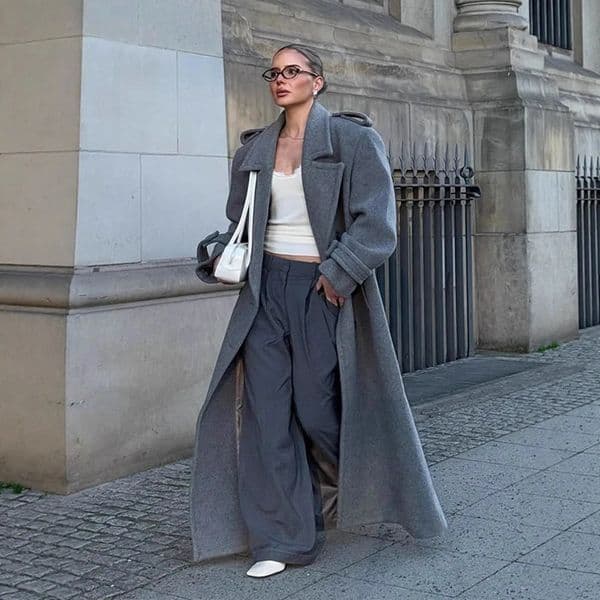 Grey Woolen Womens Coat Turn Down Collar Double Breasted Pocket Females Coat Chic High Street Minimalist Jacket For Lady 251225