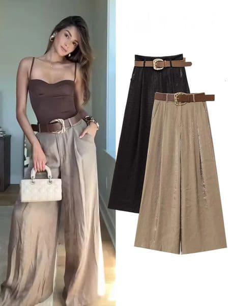 HH Women Fashion Solid Belt Wrinkles Decorate Casual Loose Trousers Female Chic Zipper Side Pocket Slim Wide Leg Pants 251225