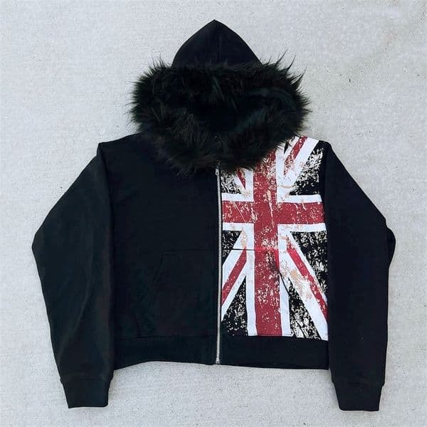 Retro Y2K Ins Fur Collar Printed Zipper Sweatshirt Long Sleeved Pullover Hoodie Street Trend Casual Jacket w251224