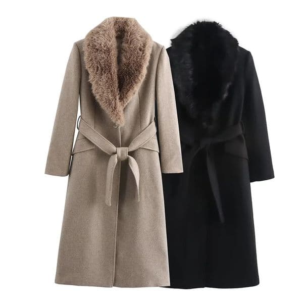 Womens Belt Warm Fur Collar Coat Flip Collar Pocket Button Decoration AutumnWinter Womens Wear 251212