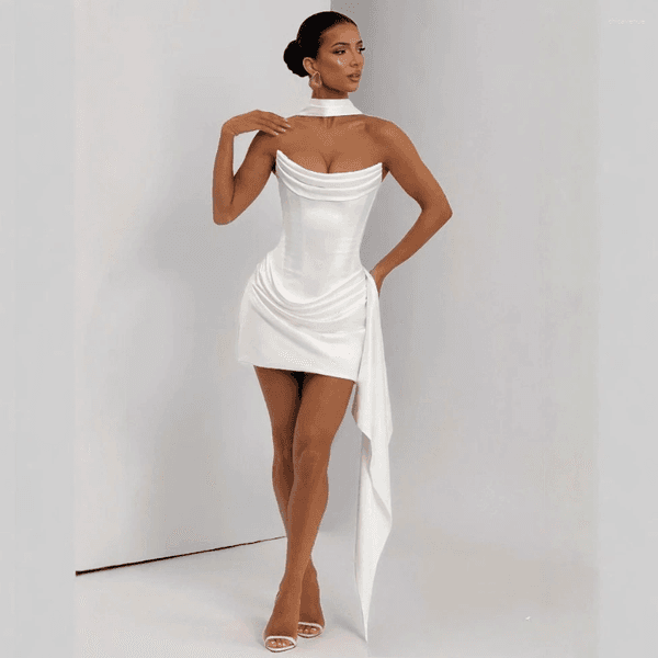 Casual Dresses Suninheart Elegant Strapless Corset Dress Sexy White Satin Mini Draped With Scarf Women Cocktail Party