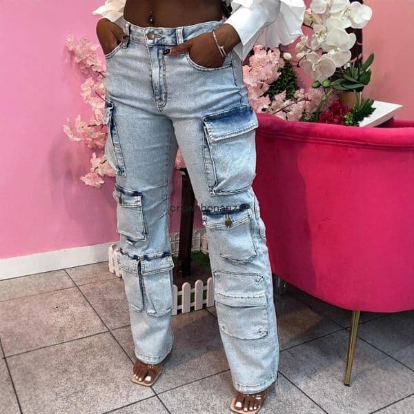Vintage Trendy Streetwear Women's Fashion Jeans Flip Up Multi Pocket Jeans Cargo Pants High Waist Washed Hiphop Jeans