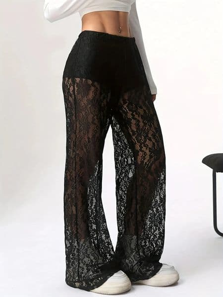 2025 SpringSummer Fashion Personalized Waist Collection Lace Jacquard Micro Transparent Splicing Straight Leg Casual Pants 251219