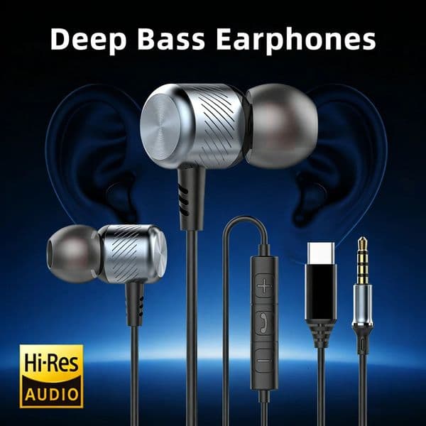 Deep Bass Metal Wired Earphones DAC Type C 35mm With Mic Earbuds Sport Music Headset For Mobile Phones Laptops PC Headphones 251219