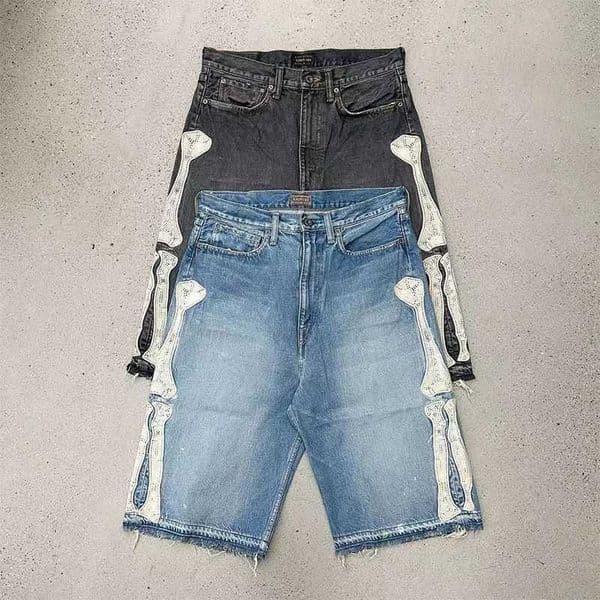 Mens Vintage Shorts Bone Blue Denim Shorts Summer Casual Loose Jeans Shorts Retro Harajuku Streetwear Hip Hop Y2K Shorts