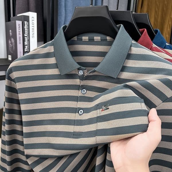 Lapel Striped Tshirt Mens Long Sleeved Spring and Autumn Top Casual Polo Shirt Men w251224