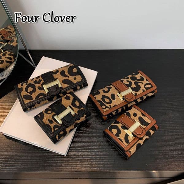 European and American fashion leopard print wallet, long ladies wallet, unisex clutch, large capacity tri-fold wallet, cardholder, retro classic short wallet, money clip