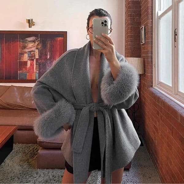 Fox Fur Woolen Women Coat Grey Lace Up Fur-trimmed Cuffs Patchwork Female Wool Overcoat Elegant Office Jacket For Lady 251225