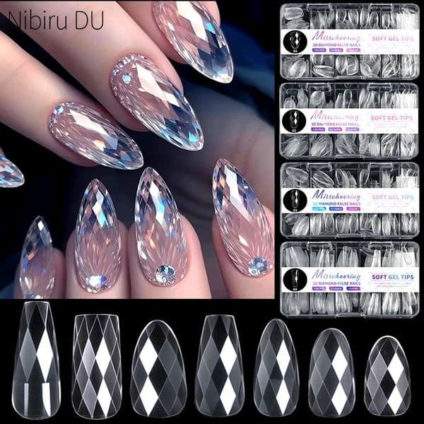 140120pcs 3D Diamond-shaped Flase Nail Extensions Shiny Almond Press on Nails Full Cover Soft Gel Tips Manicure Supplies 251224