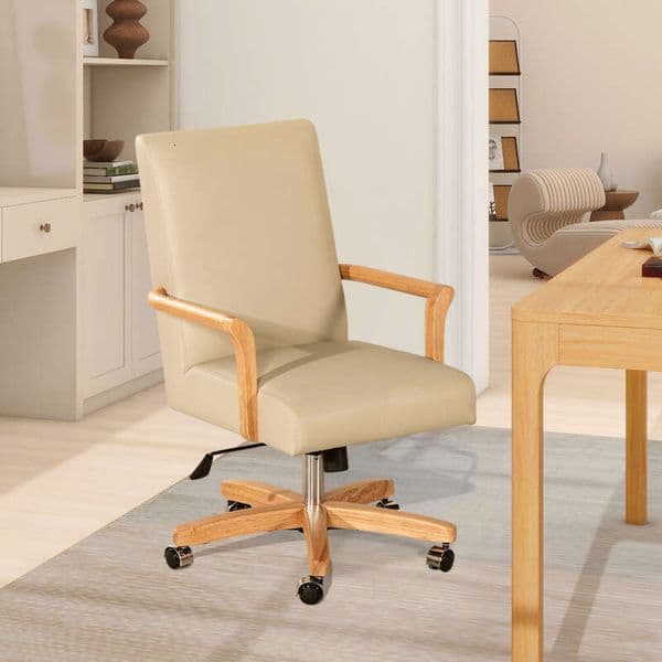 Dumont Modern Farmhouse High Back Executive Home Office Chair, Neutral Cream Beige Leather & Natural Wood 9020 2004