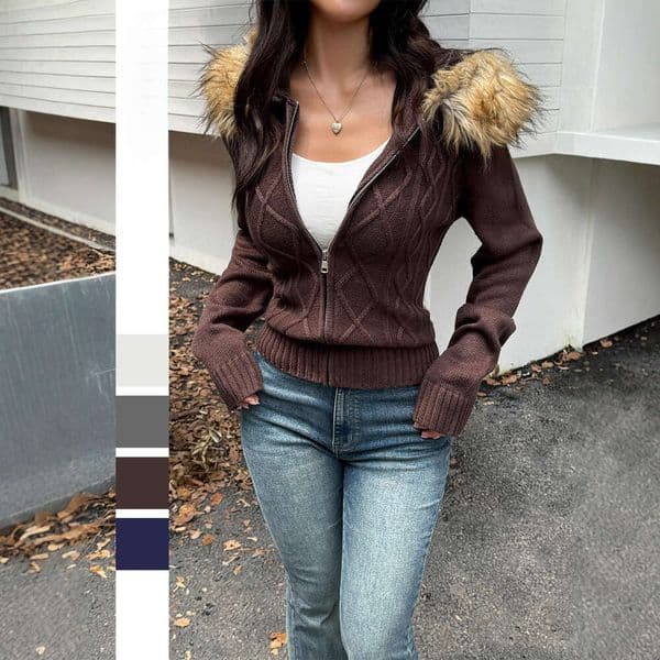 Women Hooded Knitted Cardigan Fall Winter American Vintage Furry Patchwork Sweaters Solid Simple Slim Fit Retro Female New Coats