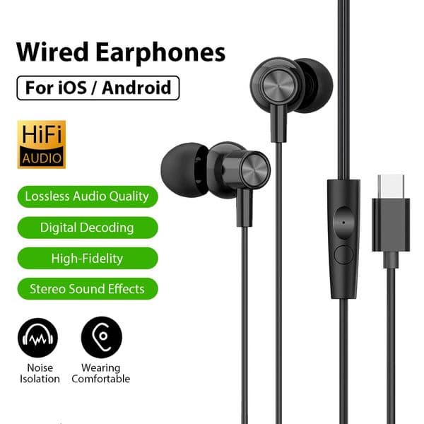 Wired Headphones Type C Jack Earphones With Mic Noise Canceling Earbuds For iPhone 16 HiFi Surround Sound Headset 251219