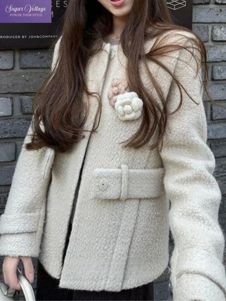 Korean Fashion Elegant Shearling Jacket Women Slim Fit Belted Waist Short Coat Soft Lamb Wool Warm Sweet Chic Daily Outerwear 251223