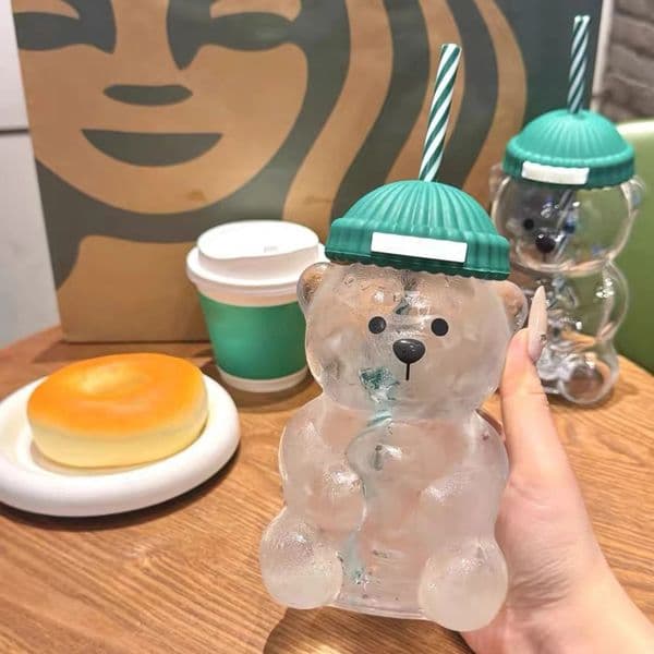 500ML Cartoon Bear Shaped Coffee Mug Cute Bear Mug Glass Cup With Straw Transparent Creative Milk Coffee Water Cups 251225