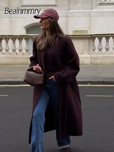 Women Dark Red Woolen Long Coat Elegant Round Neck Lace Up Full Sleeve Loose Overcoat Autumn Winter Lady High Street Jacket 251225