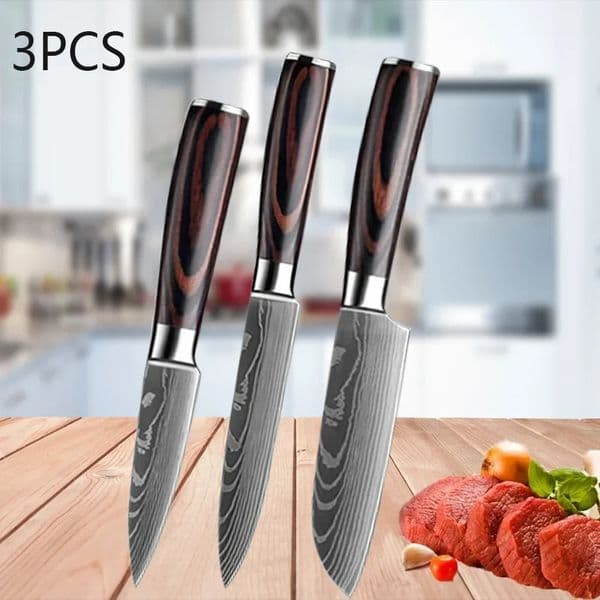 3PCS Kitchen Knife Set Laser Damascus Santoku Utility Professional Chef Meat Cleaver Accessories 251226BJ