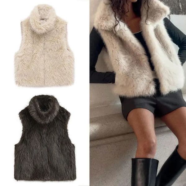 HH Women Elegant Solid Faux Fur Waistcoats Turtleneck Sleeveless Vest Coat Autumn Winter Fashion Hight Street Lady Outfit 251225