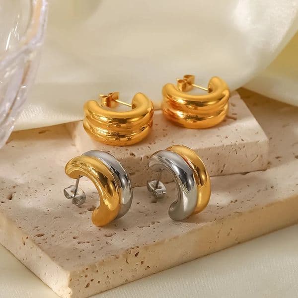 Minimalist Double Layer C-shaped Hoop Stainless Steel Post Earrings for Women 18K Gold Plated Double Colors Piercing Punk Gifts 251223