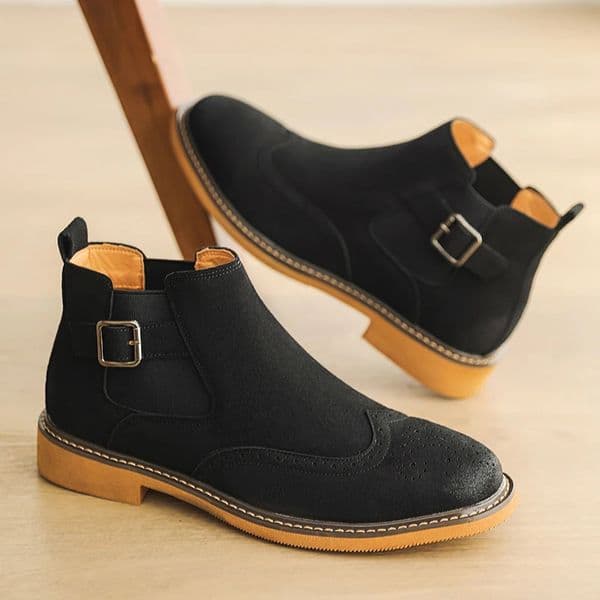 Mens Fashion Belt Buckles Brogue Chelsea Short Boots Suede British Style Retro Ankle Boot for Men Hightop Casual Shoes 251215