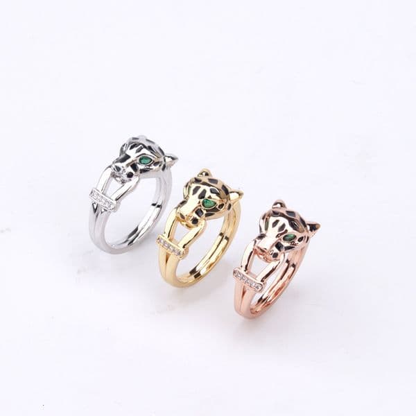 And New Style Domineering Epoxy Green-Eyed Leopard Ring Fashionable Personality Rope Knot Double Ring Leopard Print Couple Ring