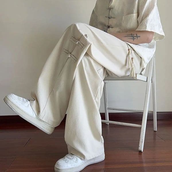 Chinese Style Chinese Style Buckle Ice Silk Mens Summer Thin Loose Straight Wide-leg High-end Casual Mens Pants 251226BJ