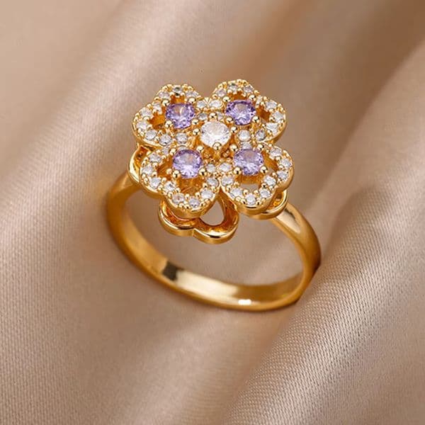 Attract Luck Hot-Selling Rotating Full Diamond 18K Gold-Plated Anxiety Open Flower Stress Relief Ring Wholesale