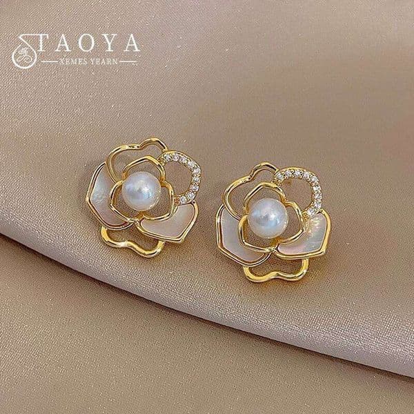 Semi Hollowed Out Gold Color Magnolia Pearl Shell Earrings 2025 Jewelry Party Girls' Luxury Accessories Women's Exquisite Gifts