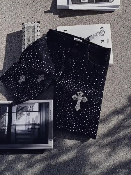 Streetwear Punk Sparkle Cross Denim Shorts Mens Womens Black Rhinestone Studded Baggy Jeans with Distressed Frayed Hems Y2K Vibe 251223