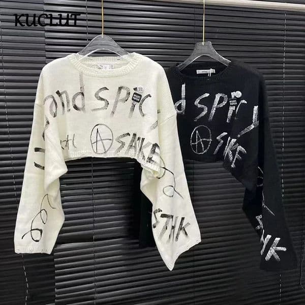 KUCLUT Autumn Fashion Letter Printed Knitted Short Tops For Women High Street Versatile Loose Pullovers Female 1A533 251226