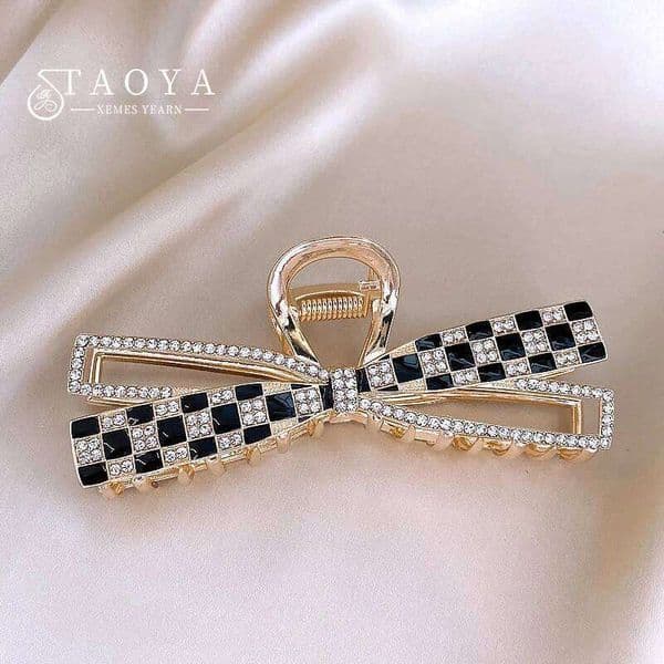 Korean Sweet Girl's Bow Chessboard Pattern Metal Hair 2024 New Headwear For Women's Large Shark Grab Clip Accessories