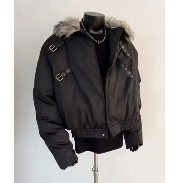 Mens Tactical Windbreaker With Big Faux Fur Collar Heavyweight Cotton Padded Mans Jacket With Leather Accents Y2k Man Clothes 251226