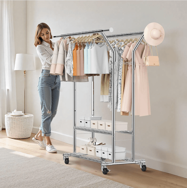 Clothes Rack Rolling Clothing Garment Rack with 2 Hanging Rods and 2 Storage Shelves 264 lbs Load Capacity Adjustable Height Carbon Steel Clothing Racks