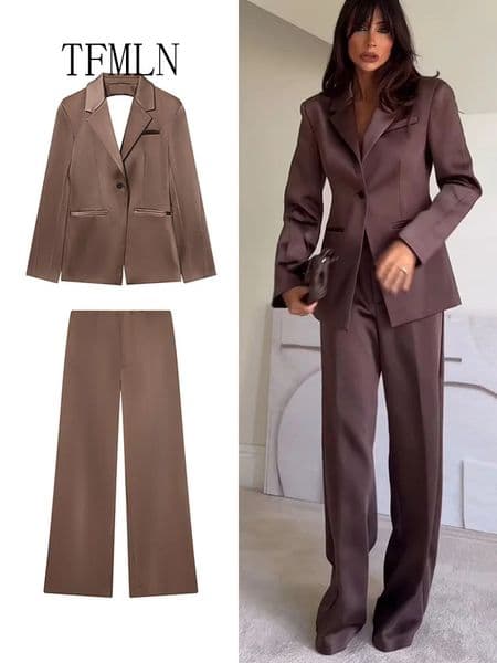 TFMLN 2026 Spring Women Backless Blazer Pant Suits Fashion Notched Single Button Causal Coats Straight Long Office Outfits 251219BANJIA