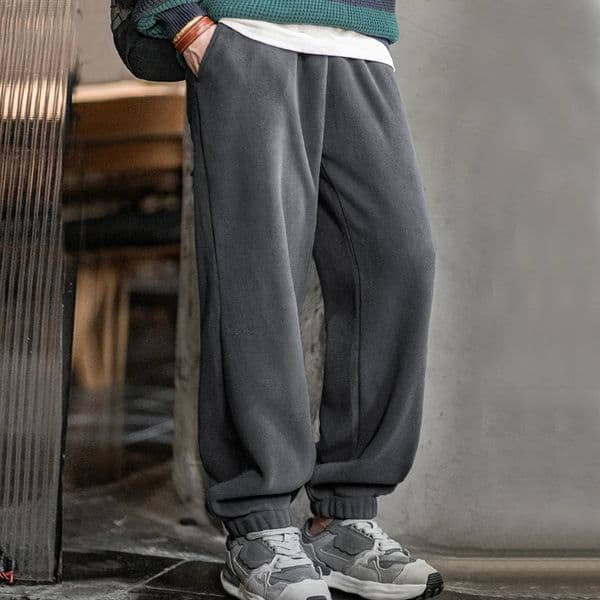Maden Mens Casual Polar Fleece Cuffed Sweatpants Solid Color Elastic Waist Fleece-lined Pants Warm Sports Straight-leg Trousers 251225