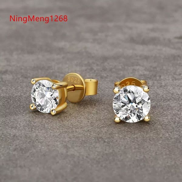Classic Design Round Cut Vvs 1 Carat Diamond 925 Sterling Silver Gold Plated Stud Moissanite Earrings for Men Women