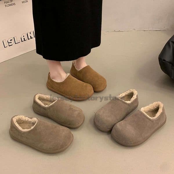Women Cotton Shoes Outdoor Wear Small Potato Style Round Flat Designer Shoe Closed Toe Half Slippers Furry Shoes Warm for Autumn and Winter