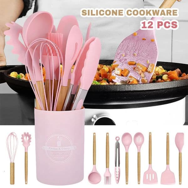 Silicone Cookware Set 12pcs Kitchen Utensil Wooden Handle Non-stick Spatula Shovel Spoon Kitchen Cooking Specialty Tools 251223