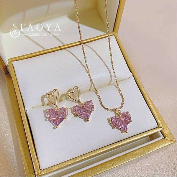 2025 New Premium Pink Zircon Heart-shaped Pendant Earrings Student Girls' Sweet Accessories For Party Women's Luxury Set Jewelry