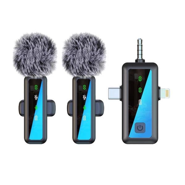 Triple-Combo Wireless Microphone Dual-Mic Recording Phone/PC/Bluetooth 3-in-1 Mini Lavalier Microphone Noise Cancelling for Hosts