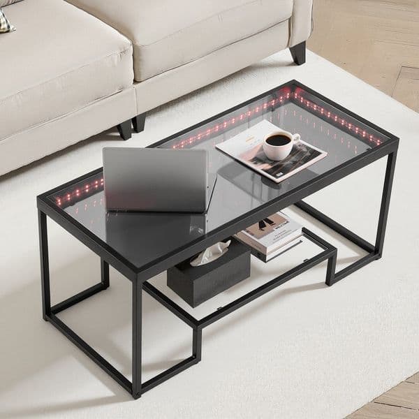 Modern Tempered Glass Coffee Table with Lighting, 2 Tiers Rectangle Glass Center Desk with Open Storage, Minimalist Metal Accent End Desk for Living Room, Easy Assembly