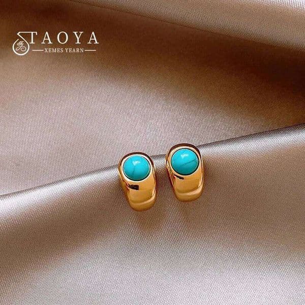 2025 New Design Natural Turquoise Metal Copper alloy Curved Earrings For Women's Casual and Elegant Jewelry Fashion Accessories