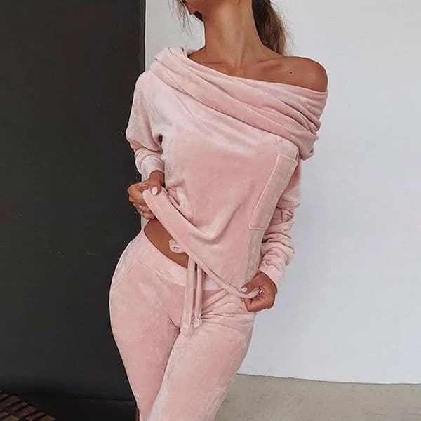 Sexy Velvet Off Shoulder Slope Collar 2 Piece Casual Women Home Suit Fashion Folds Long Sleeved Bow Pullover Top Trousers Suit 251226