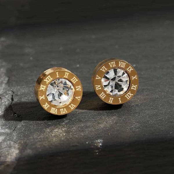 ZAKOL Fashion Stainless Steel Acrylic Crystal Stud for Women Men Roman Numerals Small Earring Accessories